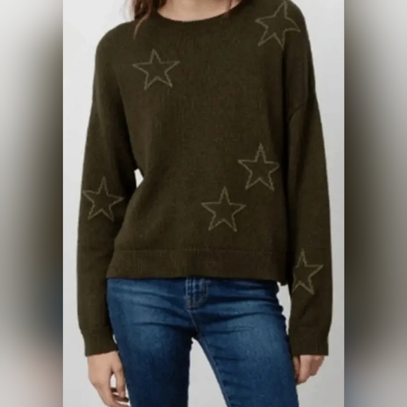 Rails Perci Star Print Olive Green Cotton Cashmere Knit Boxy Sweater sz M - Picture 1 of 10